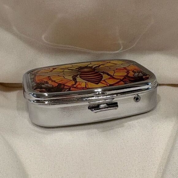 Bee in Stained Glass Window Travel Pill Box 2 Compartment Medicine Pill Case NEW - Picture 3 of 5